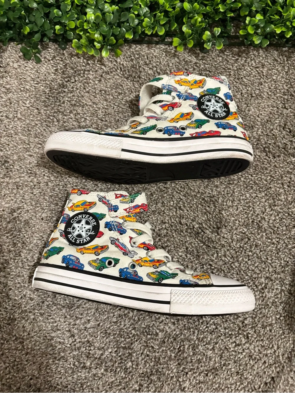Kids White High-Top Sneakers with Colorful Car Print